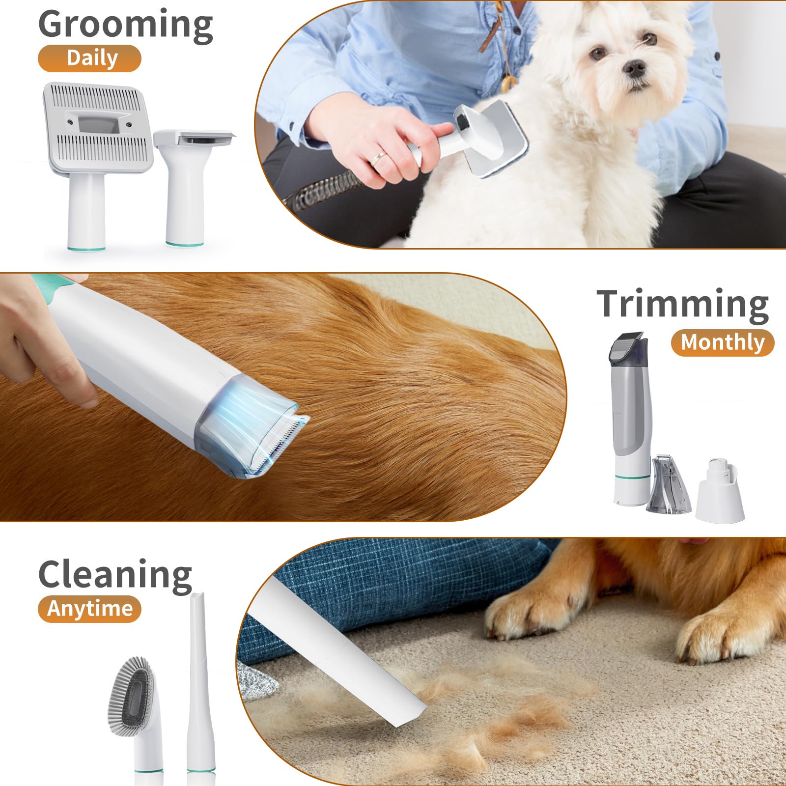 Rasoio per cani con aspirapolvere, 15000Pa, set per la cura degli animali domestici con 7 strumenti di cura, 3 livelli di velocità, a basso rumore, rimozione peli di animali domestici per cani e gatti