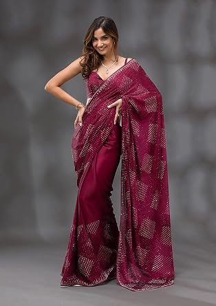 TRENDMALLS Women's Silk Blend Siroski work Saree with Unstitch Blouse Piece