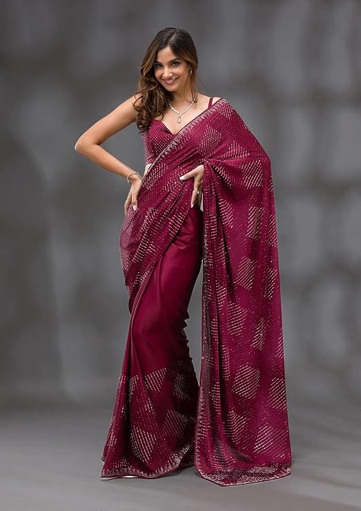 TRENDMALLS Women's Silk Blend Siroski work Saree with Unstitch Blouse Piece