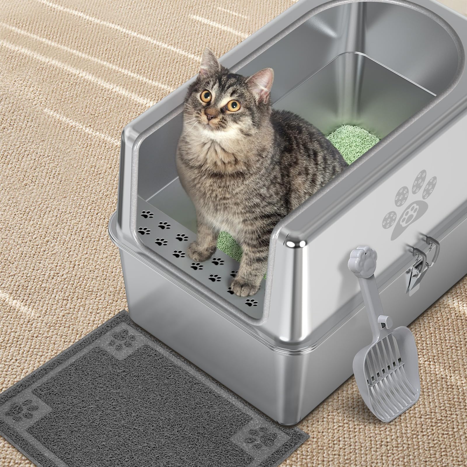 Enclosed Stainless Steel Cat Litter Box with Lid, XL Metal Litter Box for Big Cats, Extra Large Cat Toilet with High Side, Non-Stick, Anti-Leakage, Odorless, with Cats Litter Mat & Litter Scoop