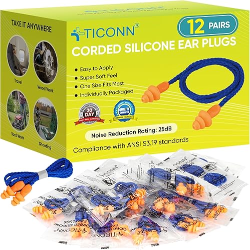 TICONN 12 pares de tapones para los oídos reutilizables de silicona para dormir con cancelación de ruido, tapones con cable de 25dB NRR para