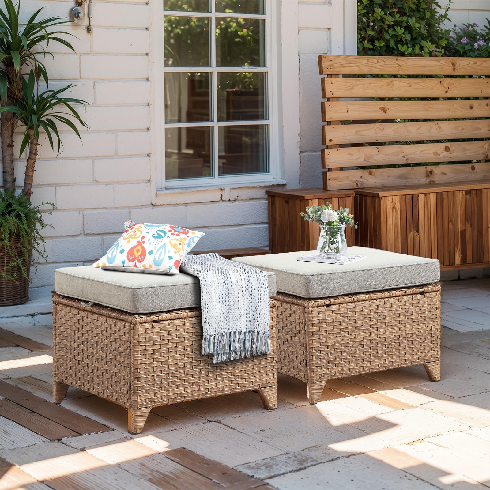 Opohoro Outdoor Ottoman Set of 2 - PE Wicker Rattan Ottoman Patio Footstool for Deck Porch Balcony Garden - Yellow/Beige