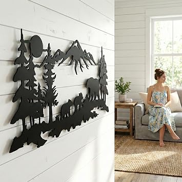 DEKADRON Metal Wall Art, Metal Bear Family Art, Tree Mountain Decoration, Nature Wall Decor, Wildlife Lover Gift, Wall Hangings (24 W x 10 H / 60x26cm)