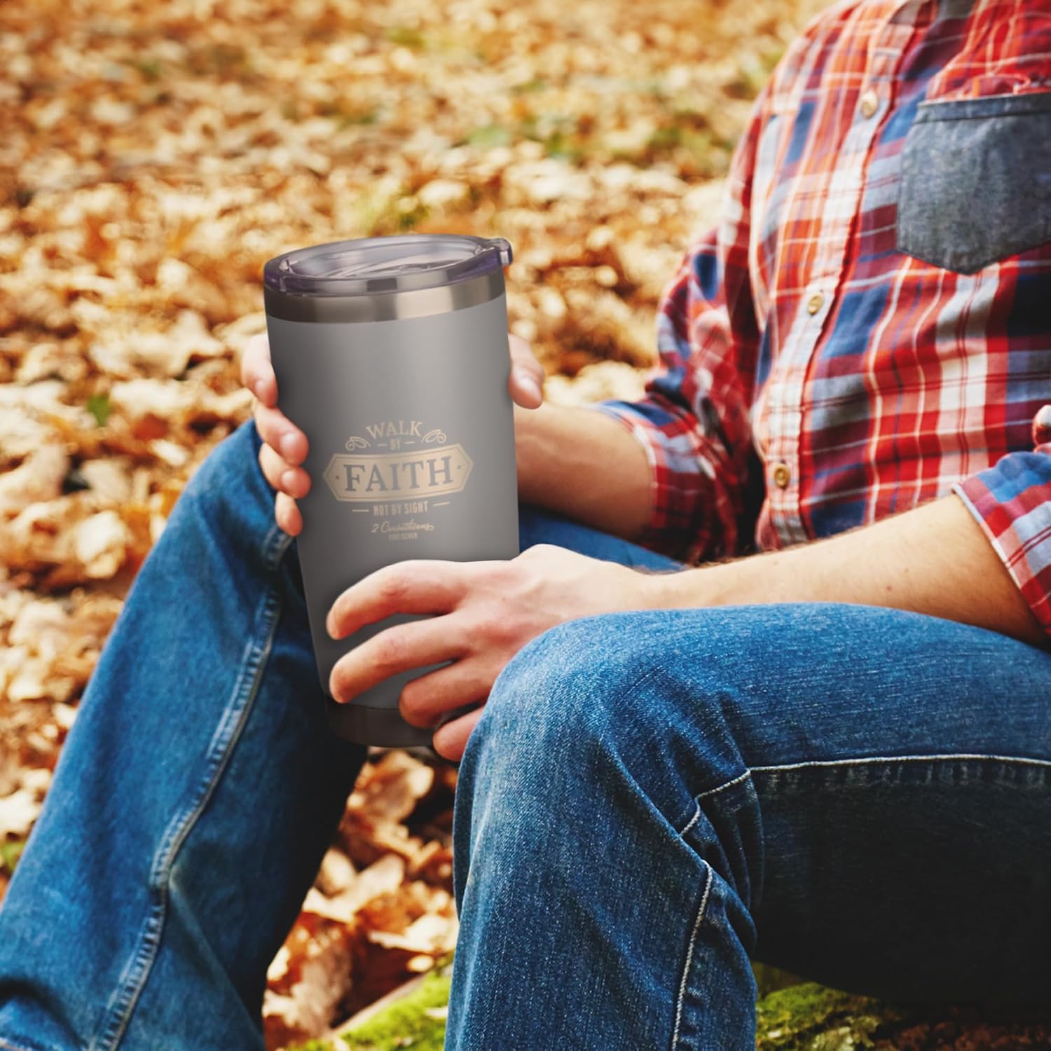 Christian Art Gifts Stainless Steel Double Wall Vacuum Insulated Travel Mug 18 oz Gray Bible Verse Tumbler with Retractable Lid for Men & Women - Walk by Faith - 2 Corinthian 5:7