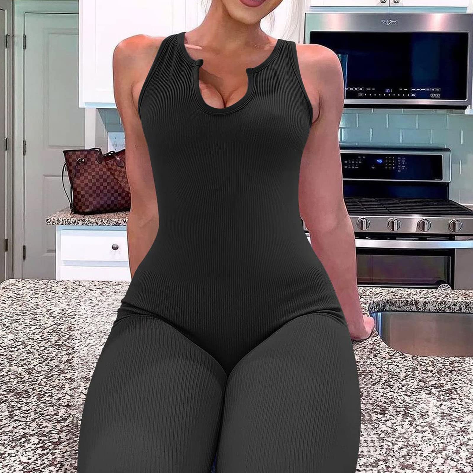 Tuta Intera Donna Senza Maniche - Collo A V - Yoga E Palestra - Materiale Elasticizzato - Nero - Foto 8