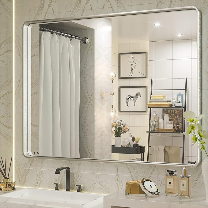 TETOTE 40x30 Inch Bathroom Mirror, Silver Framed Wall Mounted Brushed