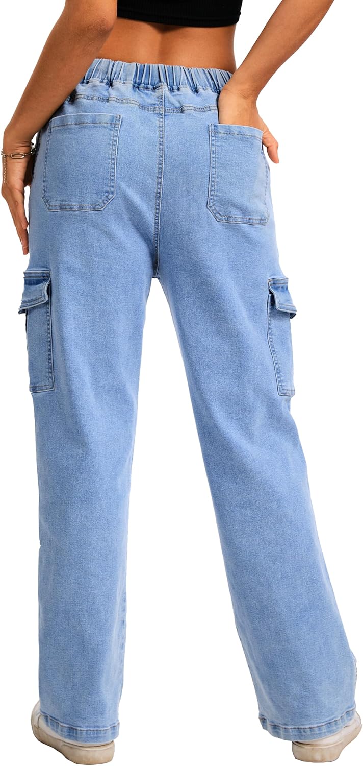HVEPUO Womens High Waisted Cargo Pants Y2K Baggy Straight Leg Stretchy Jeans for Women Streetwear Trousers Pants 6 Pockets - Image 3