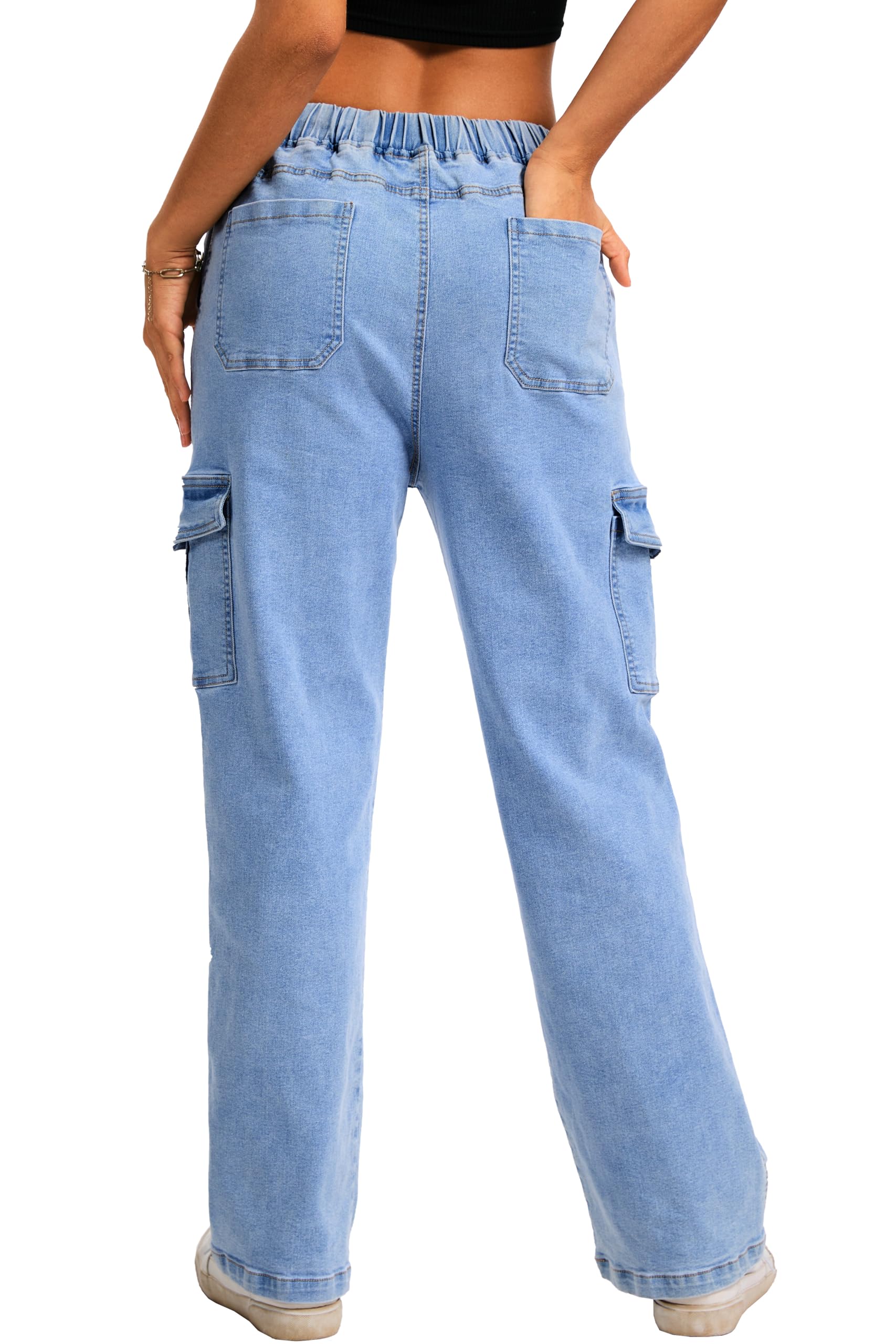 HVEPUO Womens High Waisted Cargo Pants Y2K Baggy Straight Leg Stretchy Jeans for Women Streetwear Trousers Pants 6 Pockets