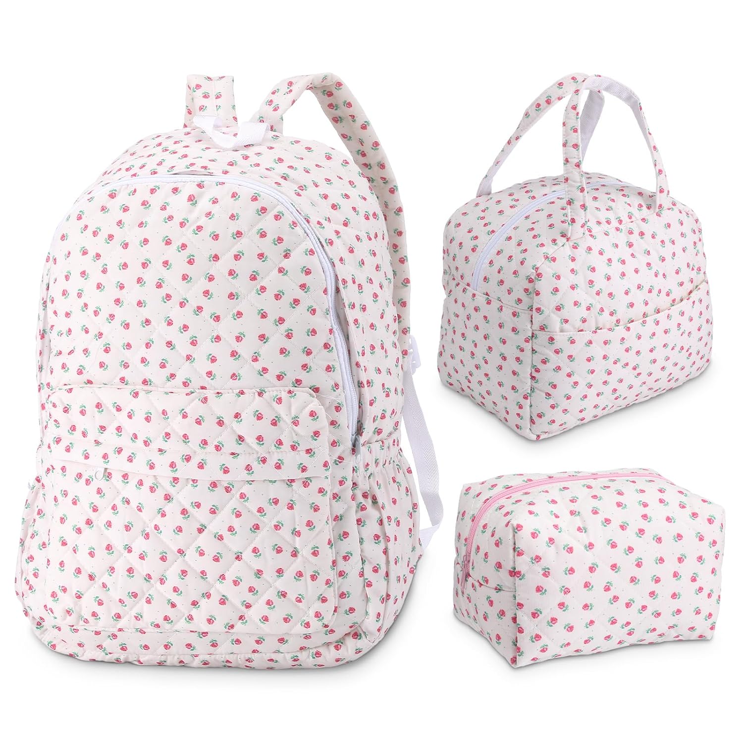 Aliceset 3 Pack Floral Backpack with Lunch Box Set Quilted Floral Pencil Bag Coquette Bookbag Aesthetic Lightweight Canvas