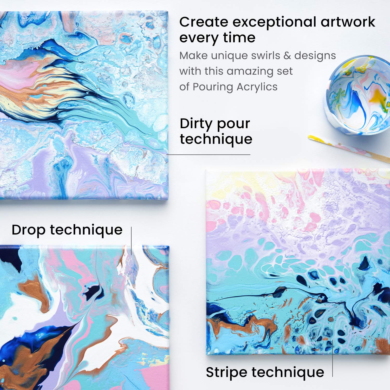 ARTEZA Set de peinture acrylique à verser, bouteilles de 120 ml, set de 8 couleurs pastel, pas de mélange nécessaire, peinture à verser : Toile, verre, papier, bois, carrelage et pierres