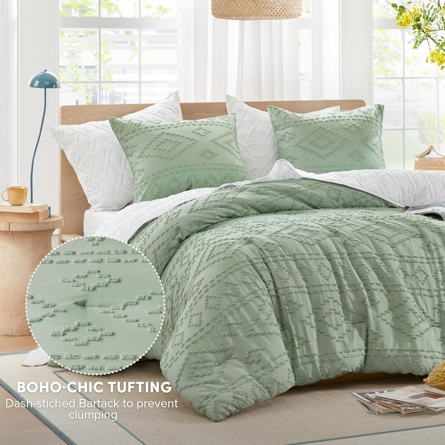 Comfort Spaces Comforter for Queen Size Bed, Geometric Diamond Tufted Boho Comforter Set Queen, All Season Lightweight Bedding Set, Matching Sham, Full/Queen Sage Green 3 Piece - Image 2