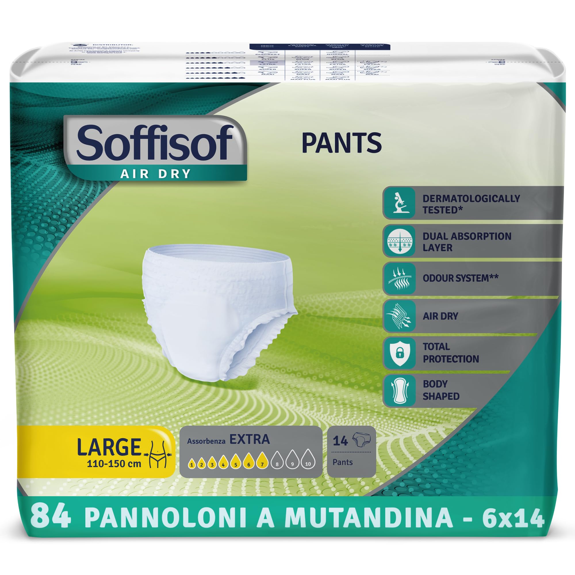 Soffisof Air Dry Pants Extra L - 84x Pannoloni per Anziani a Mutandina - 6 Confezioni da 14 Mutande Assorbenti per Incontinenza Donna e Uomo - Pants Adulti 7 Gocce - Large (110-150 cm)