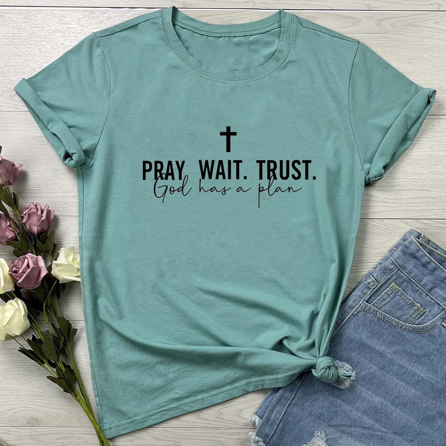 LOOKFACE Women Pray Wait Trust Soft Tees Cute Graphic T Shirts - Image 2