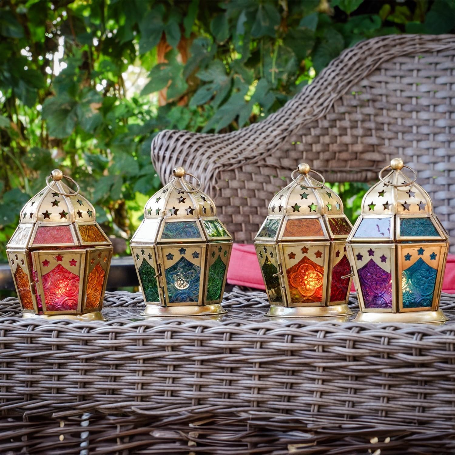 In the Breeze 9208 — Pink & Yellow Hex Tealight Lantern — Moroccan-Style Boho Chic Tealight Glass and Metal Tabletop Lantern