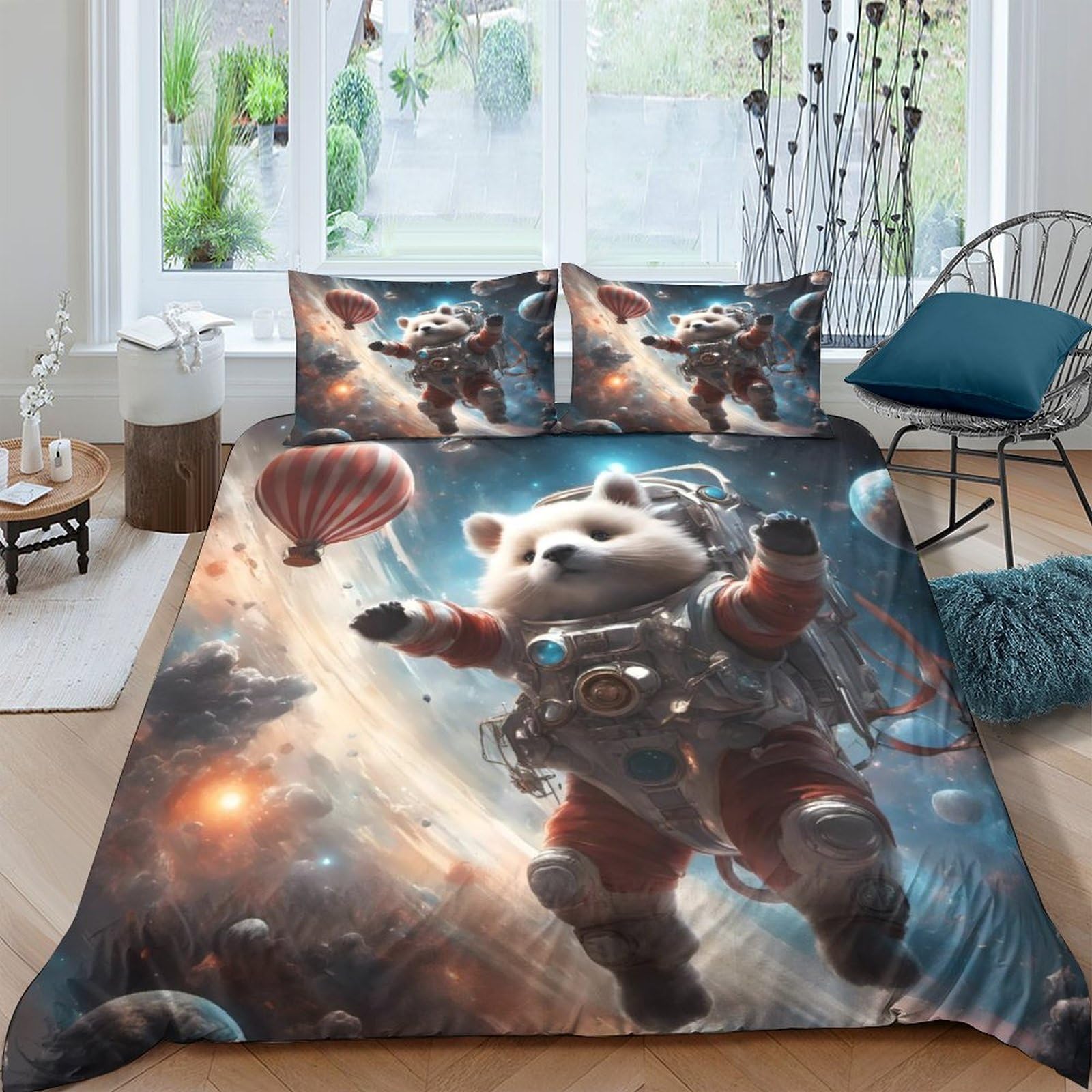 Parure de lit king housse de couette 220x240cm animaux de l'espace microfibre 3 pièces enfant