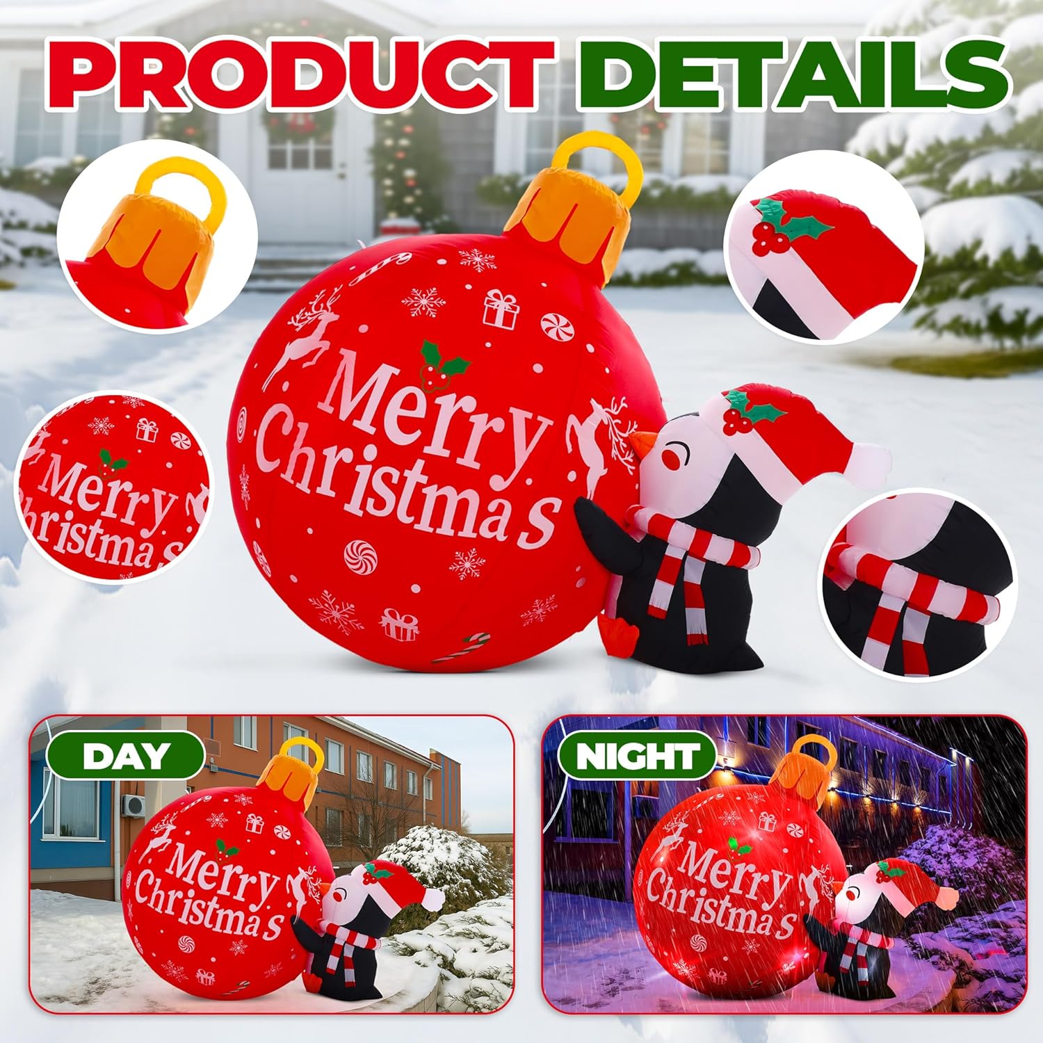 Vinsot 6.6 ft Giant Christmas Inflatable Penguin and Ball Outdoor Decoration LED Lighted Blow up Xmas Yard Decor Light up Penguin Ball Holiday Decor for Christmas Winter Garden Patio Home Lawn Party