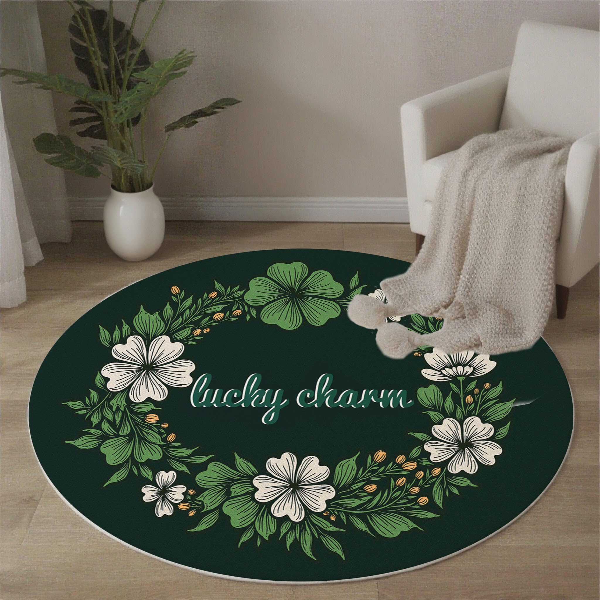 Tapis rond vert 160cm tapis de sol imprimé trèfle couronne de fleurs doux