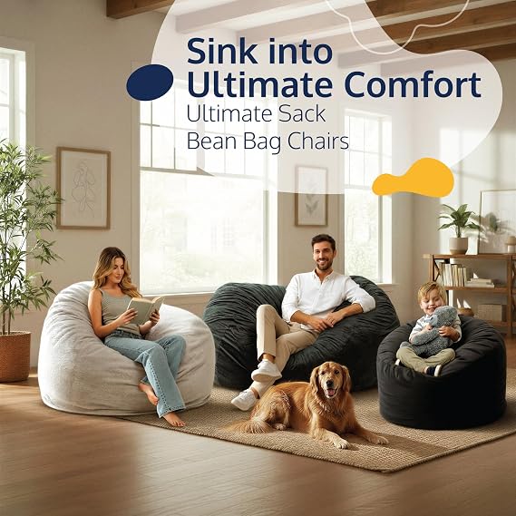 ULTIMATE SACK | 5.5 Ft Lounger Bean Bag Chair | Black Fur | Foam Filled - Removable Washable Cover