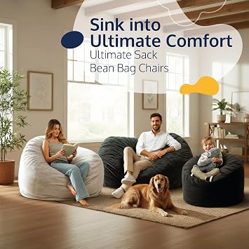 ULTIMATE SACK | 5.5 Ft Lounger Bean Bag Chair | Black Fur | Foam Filled - Removable Washable Cover