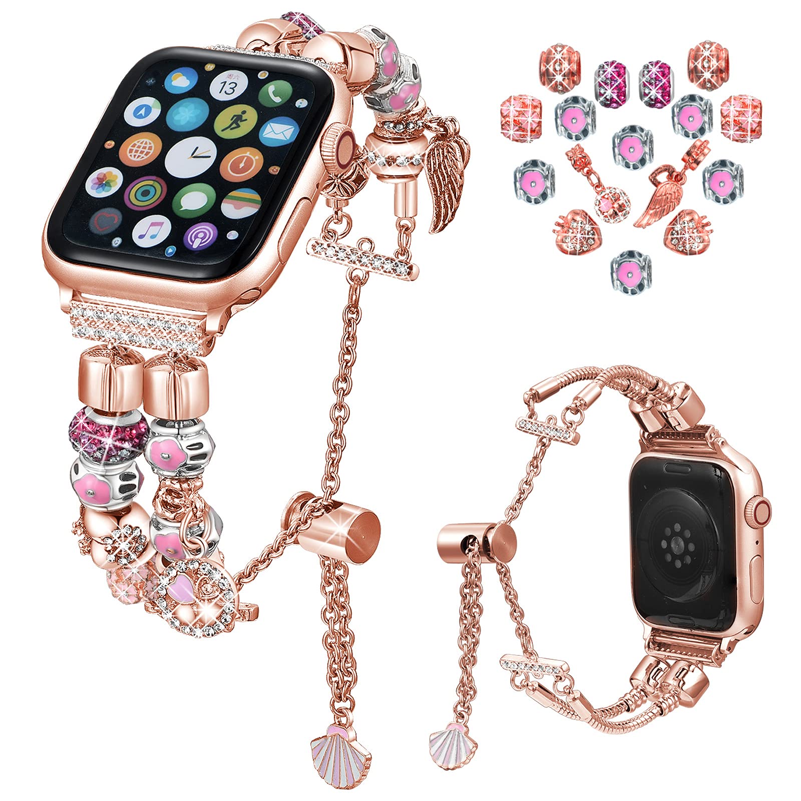 Bling Bands Compatible with Apple Watch 45mm 44mm 42mm SE Series 7 6 5 4 3 2 1 Women Jewelry Metal Bracelet - DIY Interchangeable Charms iWatch Replacement Strap