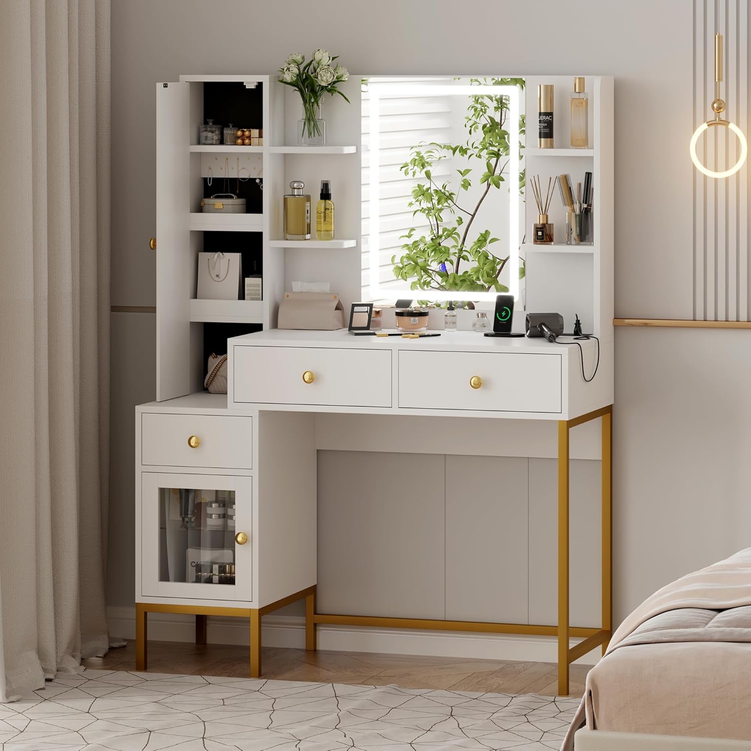 GarveeHome Makeup Vanity and Stool, Vanity Desk with Lights in 3 Colors, White Vanity Table with Charging Station, Visible Cabinet with Led Lights, White