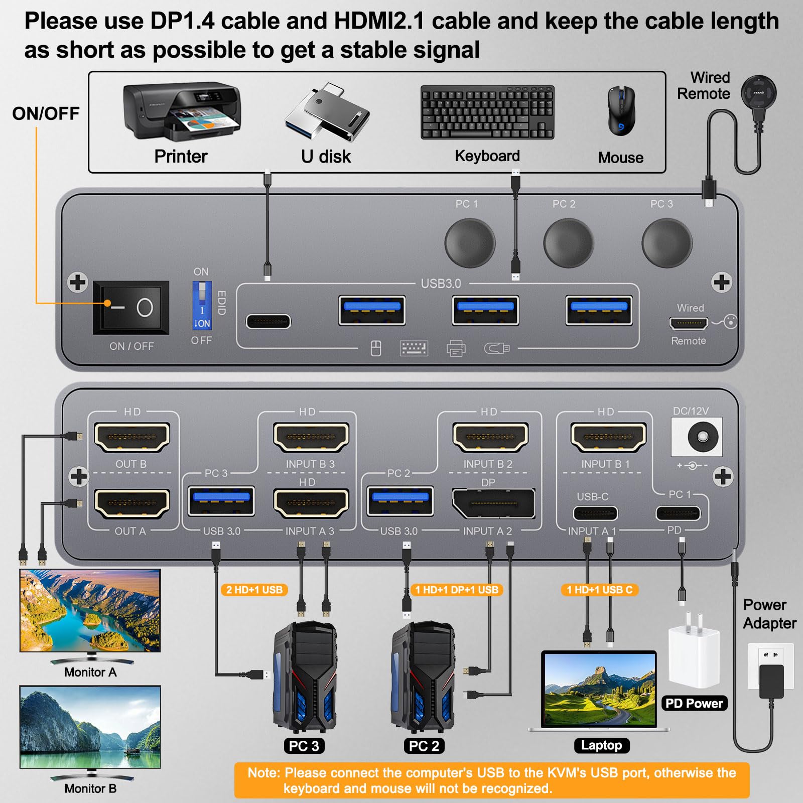 KVM Switch 3 PC 2 Moniteurs USB C HDMI DP, EDID, KVM Switch 2 Moniteurs pour 1 Laptop et 2 PC, 73W PD, USB 3.0, 4K@60Hz, Aluminum, Wired Remote(4K USB-C DP HD 3 in 2 out KVM)