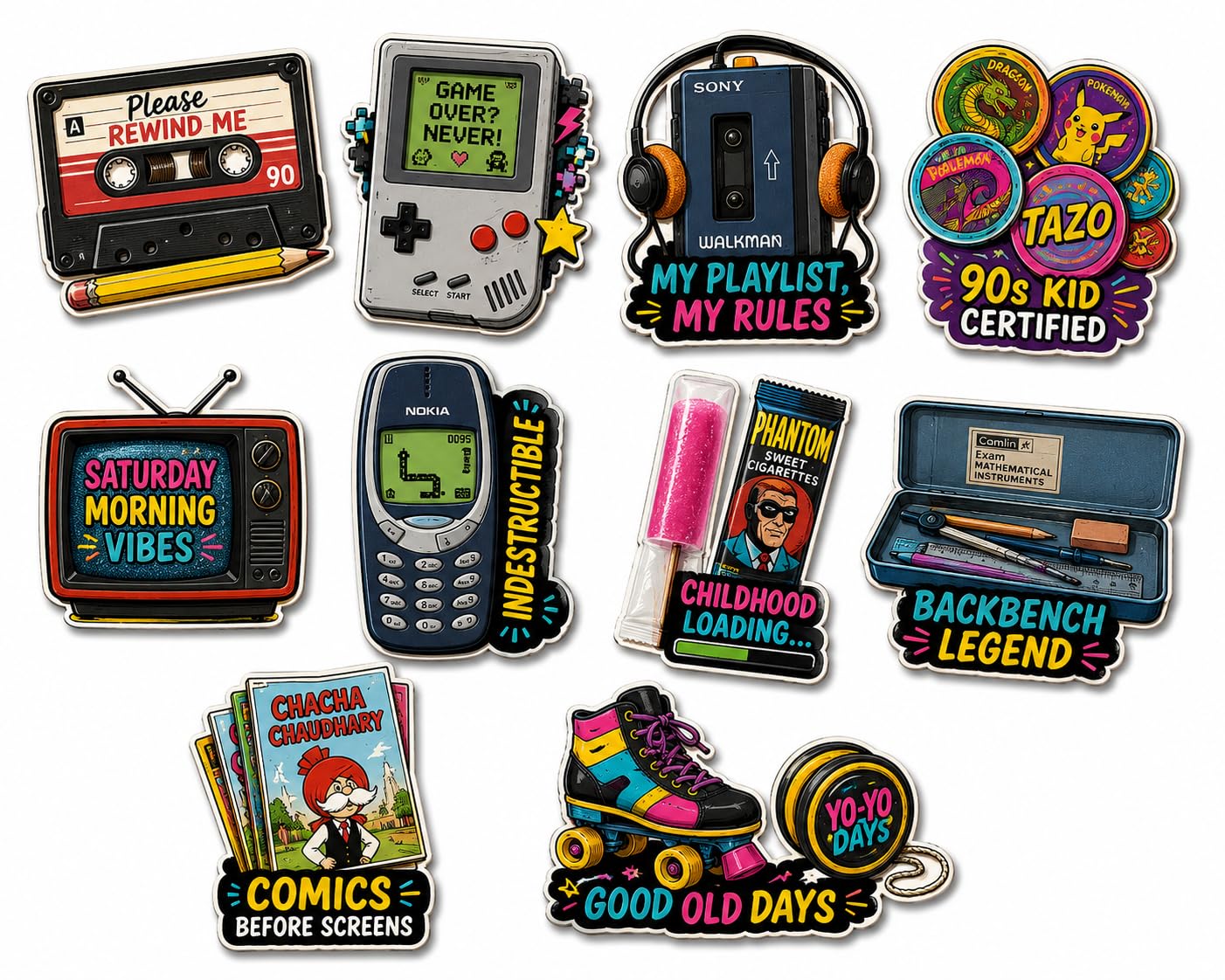 90's Nostalgia Fridge Magnets Set of 10 | Retro Childhood Memories Refrigerator Magnets | Cassette, Walkman, Nokia Phone, Tazos, Comics & Gaming Theme | MDF Decorative Magnets for Fridge & Office-image-16