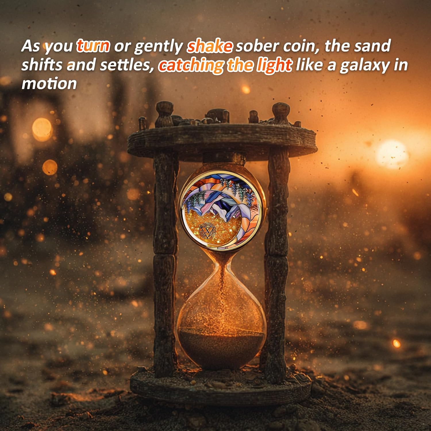 Golden Flow Sand 10 Year Sobriety Coin - Lunar Guardian Recovery AA Coins - Mountain Addiction Sober AA Chips and Medallions - Celebrate Living Clean Alcoholics Anonymous Token Gifts for Men Women