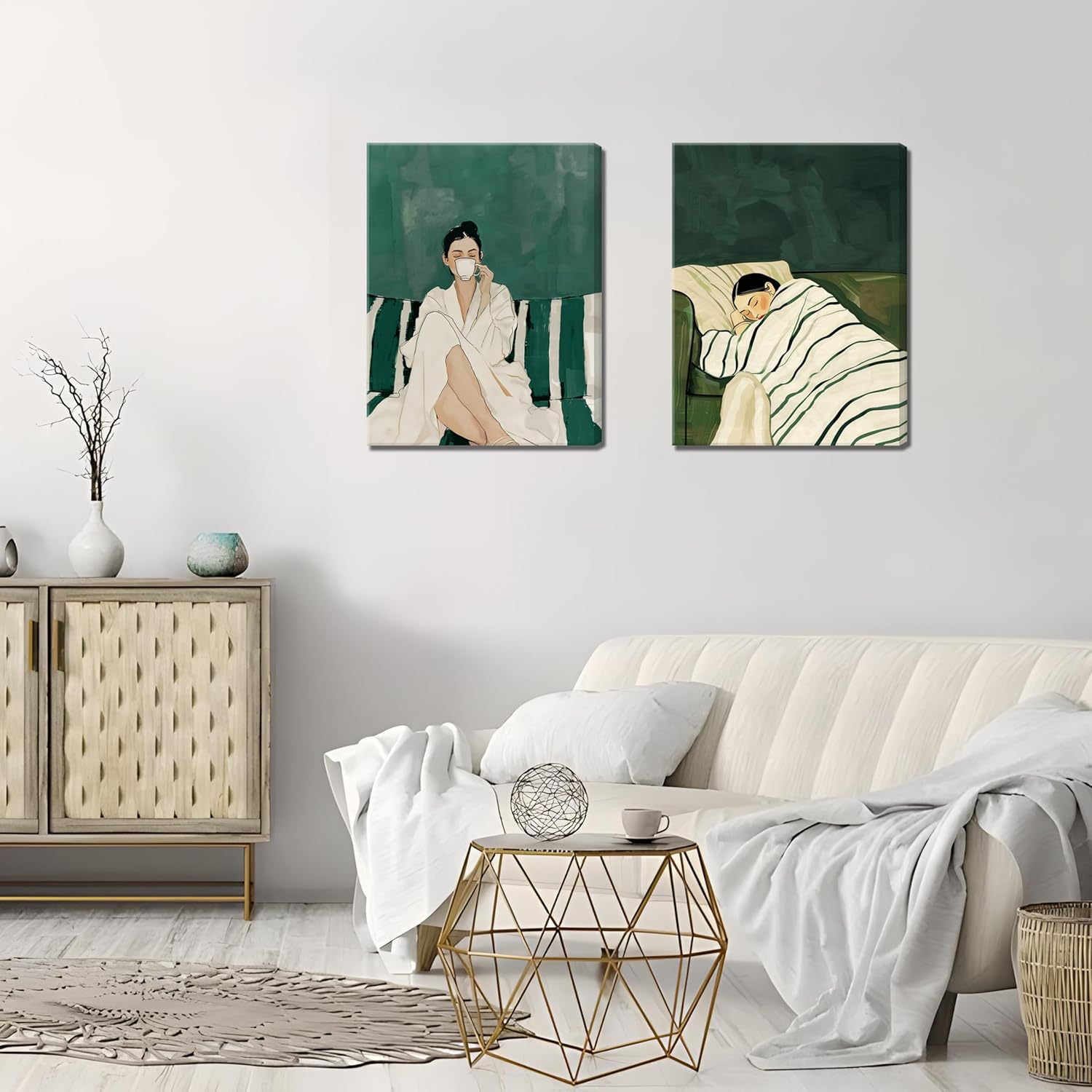 Emerald Green Canvas Wall Art Set of 3, Abstract Green Woman Wall Decor Paintings, Stripe Girl Coffee on Couch Posters Prints Picture for Living Room Bedroom Bathroom 12x16 Inch Framed