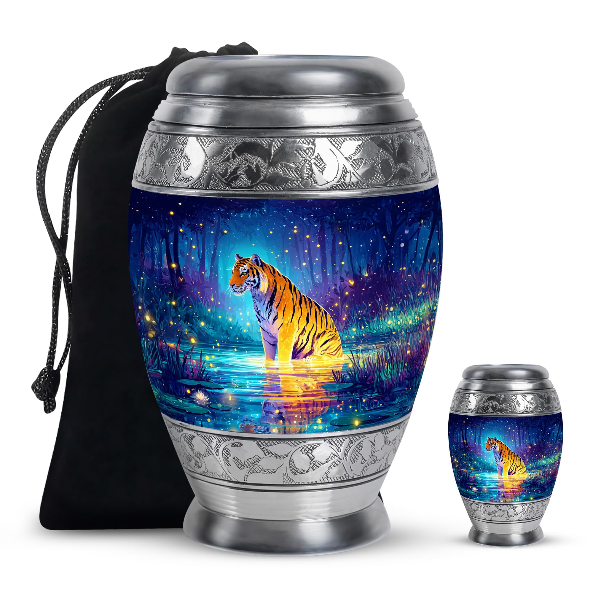 Tiger and Forest Cremation Urn, Burial Urns, Ashes Container for Mother and Father, Memorial Urn for Parents, Funeral Urns for Dad and Mom, 10 Inch Tall, 3 Inch Keepsake, Blue and Orange
