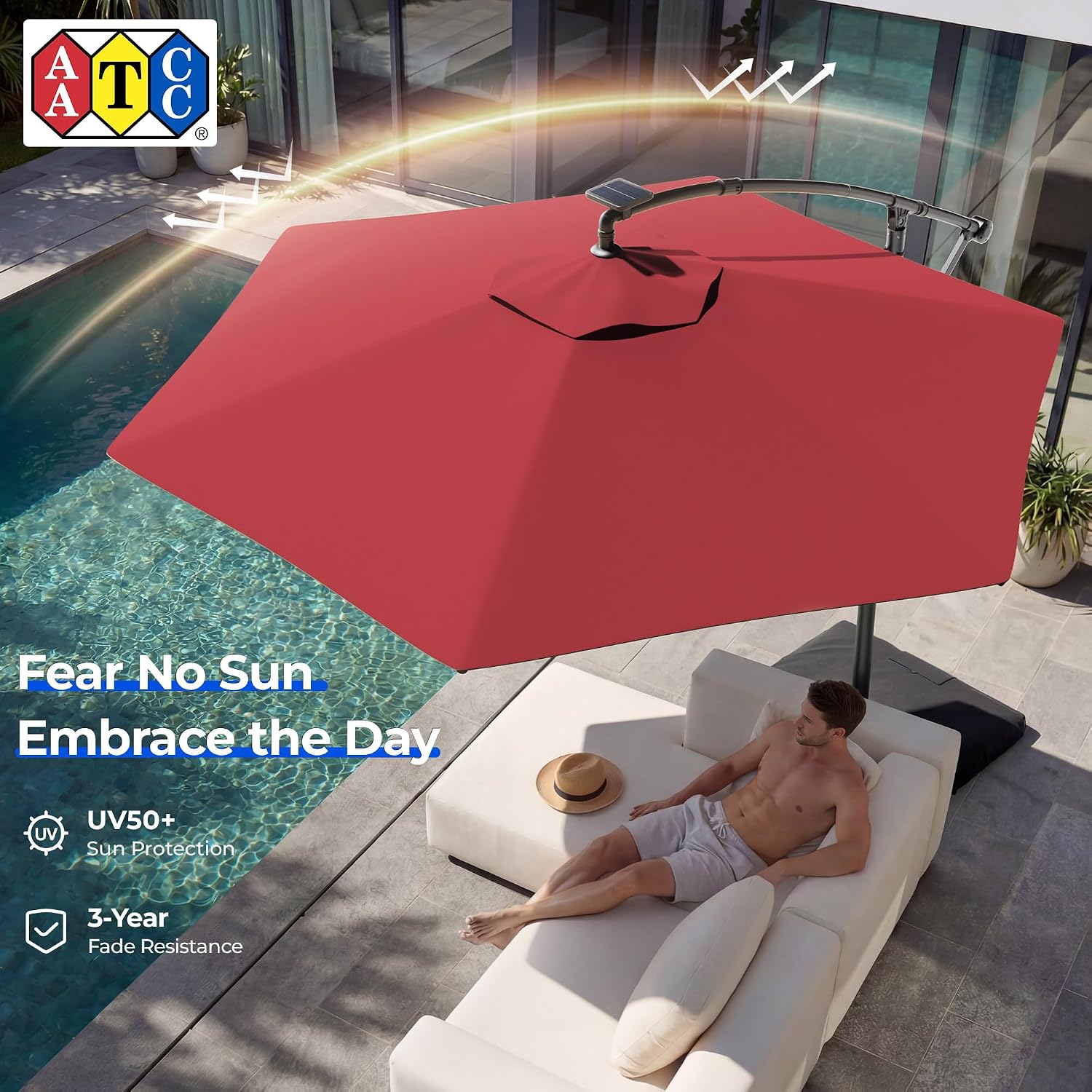 HOMSHADE 10FT Offset Patio Umbrella with Solar Lights, Outdoor Patio Umbrella with Base Included, Easy Tilt and UPF50+ Cantilever Market Hanging Umbrellas for Pool, Deck, Garden, Patio (Red)