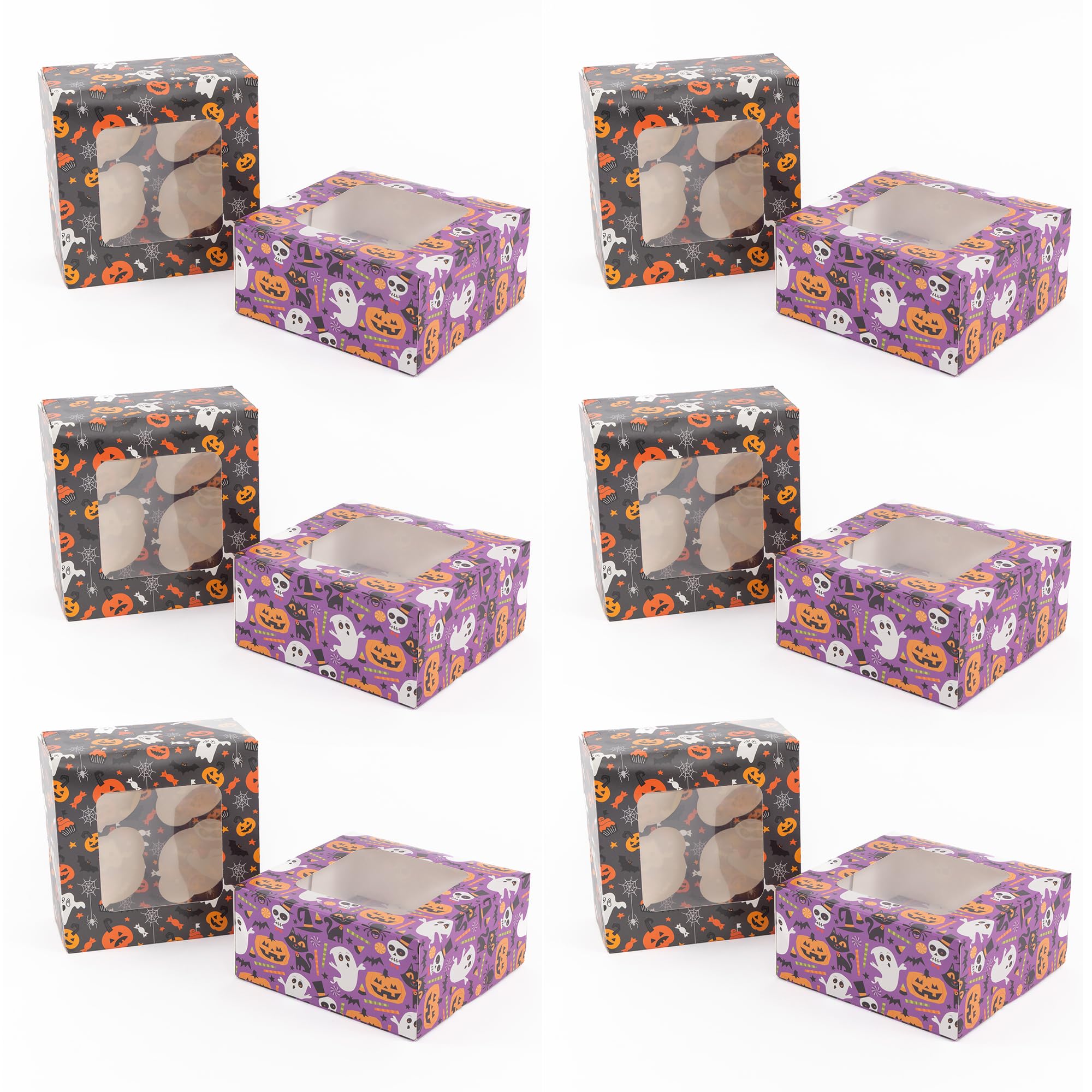 evelay Halloween Cupcake Boxes - Holds 4 Standard Cupcakes - Mixed Spooky Designs with Window & Inserts for Treats, Sweets and Chocolates (Pack of 12)