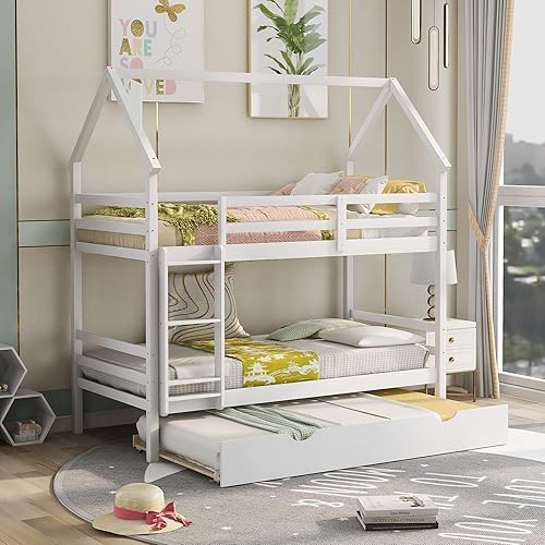 Woanke Litera de casa individual sobre individual con nido marco de cama de madera maciza con techo y diseño de chimenea para niños adolescentes