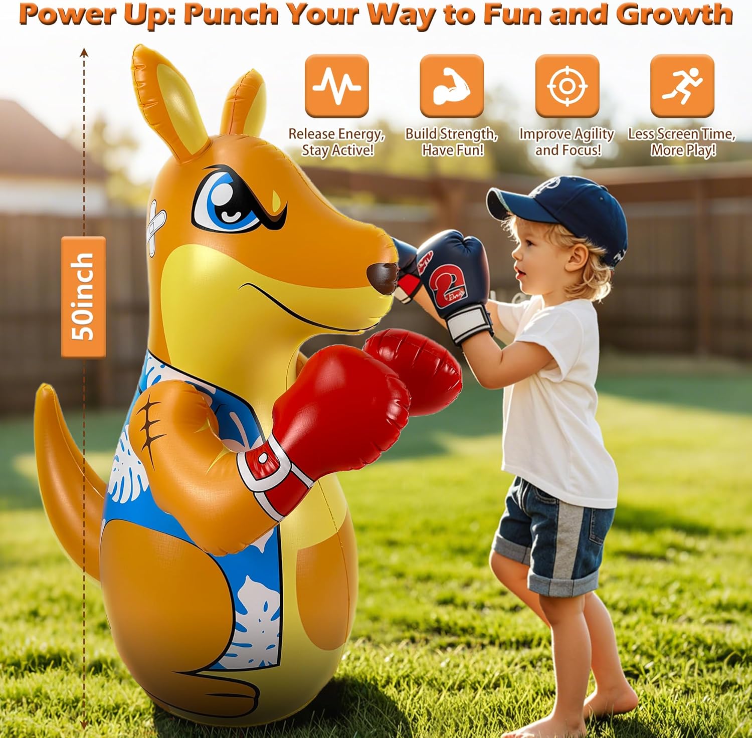 Kids Punching Bag with Air Pump, 50” Freestanding Inflatable Boxing Training Bag for Ages 3-8, Bounce Back Reflex Punching Bag for Fitness & Coordination