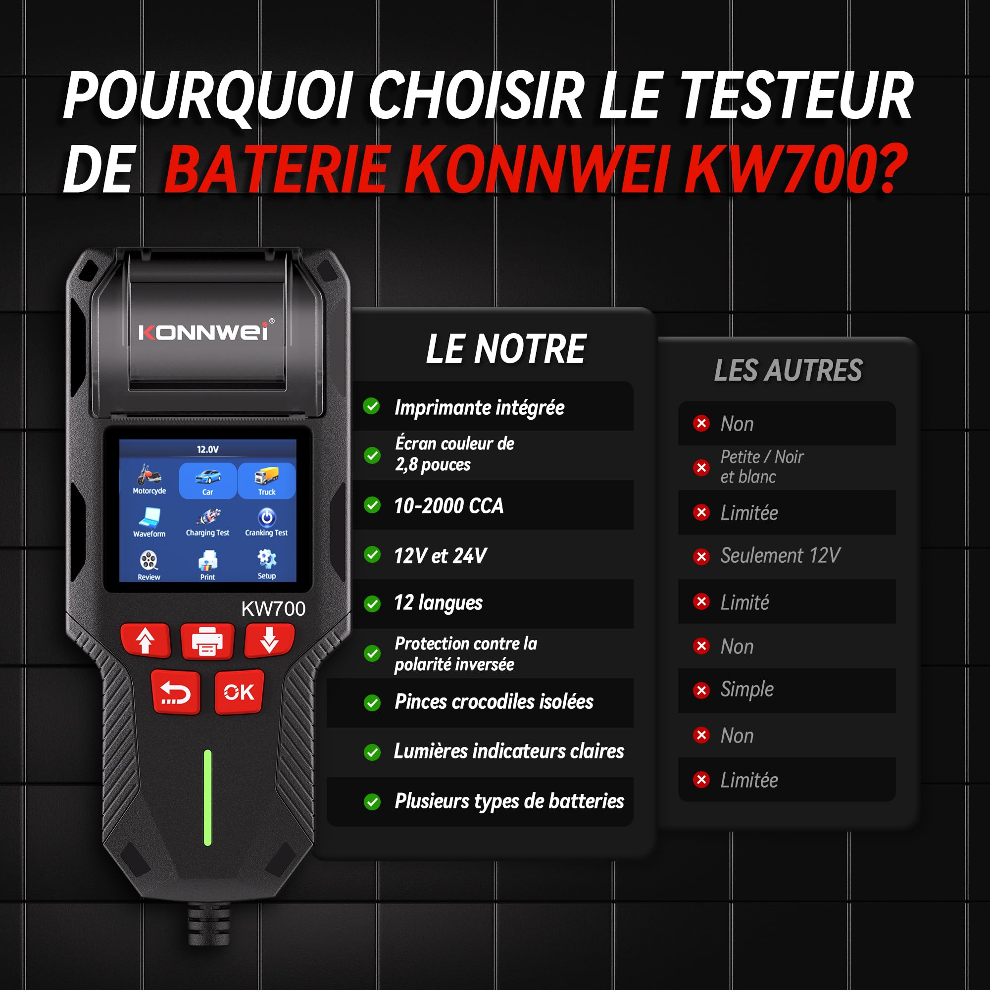 Testeur Batterie Voiture, KONNWEI KW700 12V 24V Testeur de Batterie et Alternateur Professionnel Analyseur de Batterie de Démarrage avec Imprimante Intégrée pour Auto Voiture Camion Moto