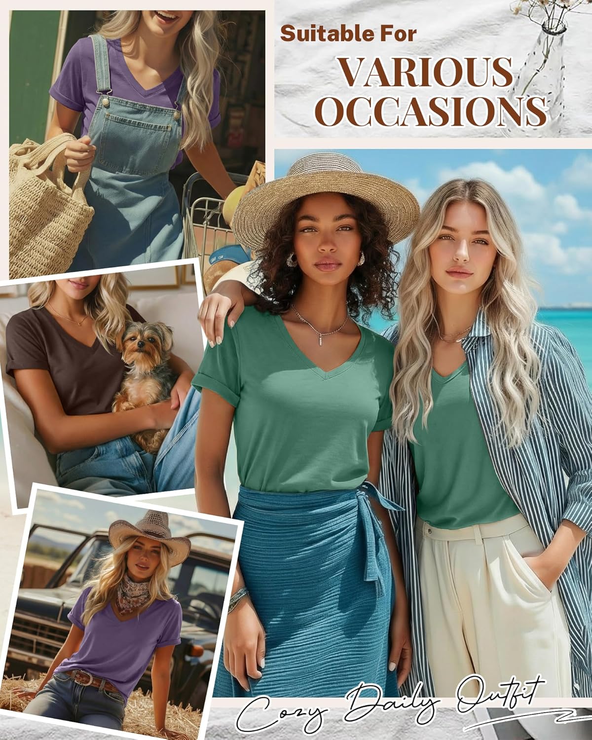 Ficerd 3 Pack Women's V Neck T Shirts, Summer Casual Short Sleeve Tops Loose Fit Rolled Sleeve Tees Trendy Shirts - Image 4