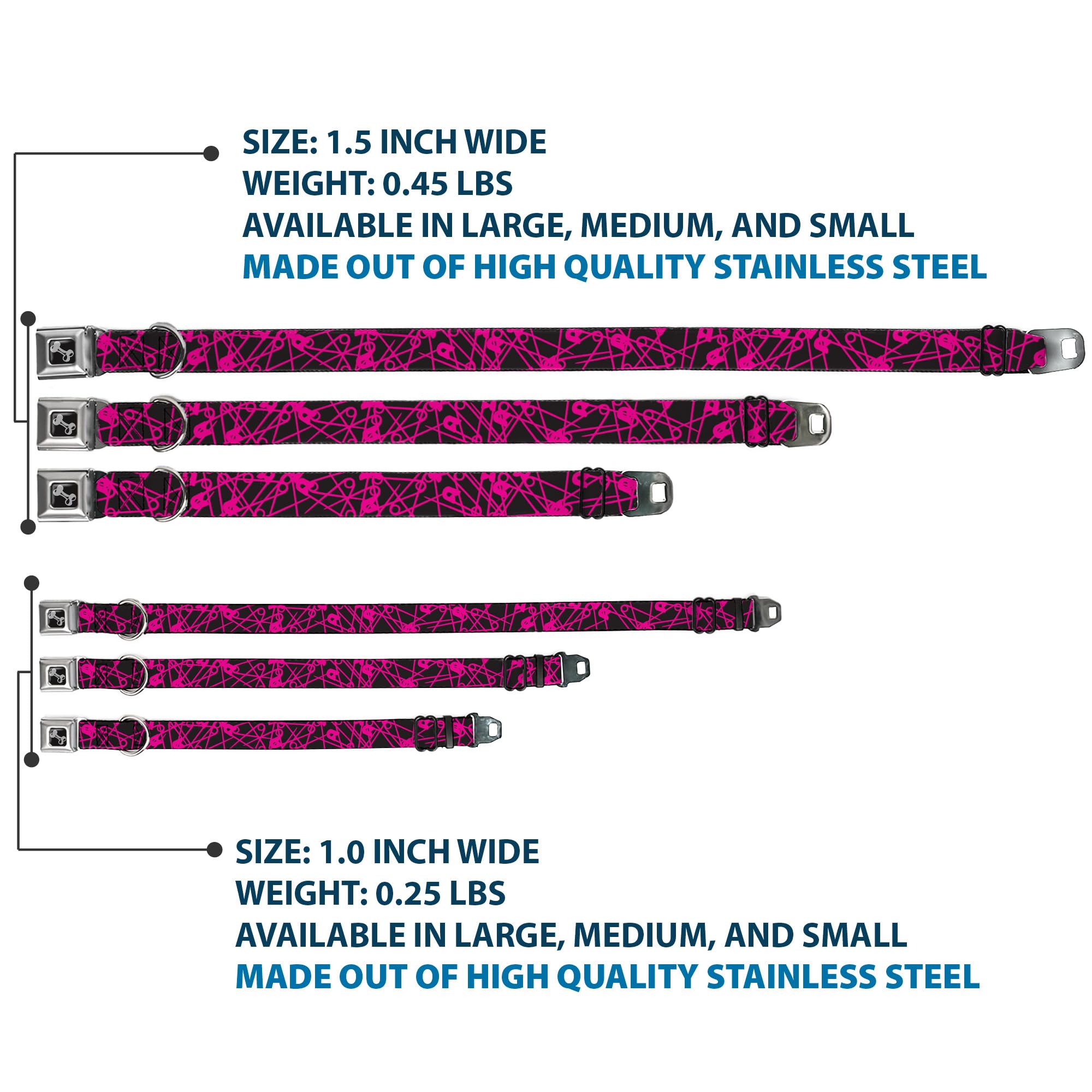 Buckle-Down Klamra pasa bezpieczeństwa obroża dla psa - agrafki czarne/fuksja - szerokość 3,8 cm - pasuje na szyję 33-45 cm - S