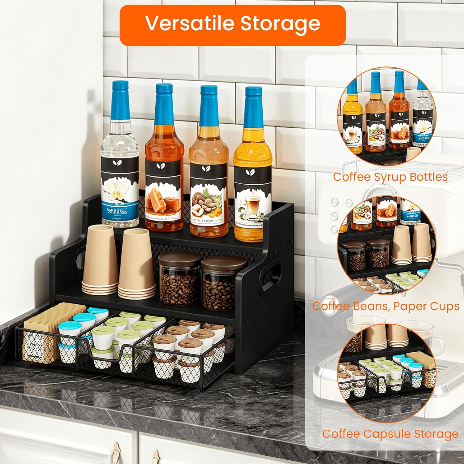 Homode Coffee Syrup Organizer Rack, 3-Tier Syrup Holder Stand with 35 K Cup Storage Drawer, 8 Bottles Capacity, Wood Shelf Liquor Wine Rack for Coffee Bar Countertop, Black