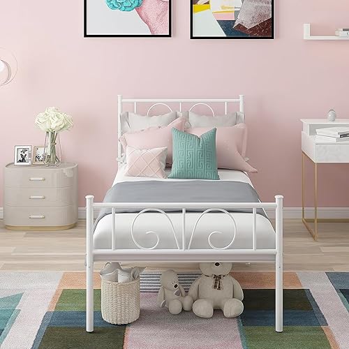 Base de cama de tamaño individual con plataforma de metal de 12 pulgadas, base de cama individual con cabecero y estribo, fácil montaje, color blanco disponible en Yaxa Colombia