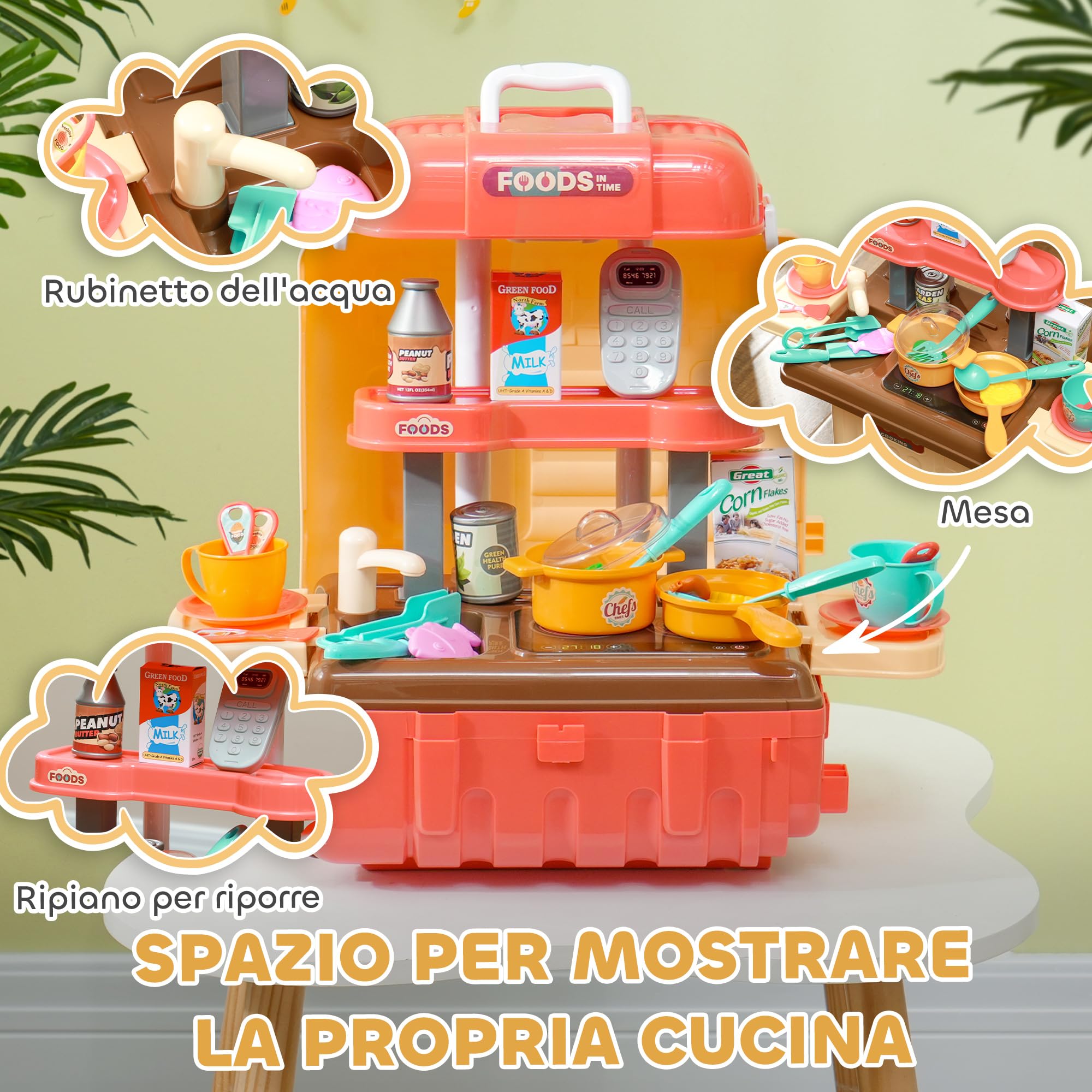 AIYAPLAY Gioco per Bambini 3 in 1 da 36 Pezzi con Tavolo per Posate, Tavolo da Pranzo e Trolley, Cucina Giocattolo in PP e ABS, 48x26x64 cm, Multicolore