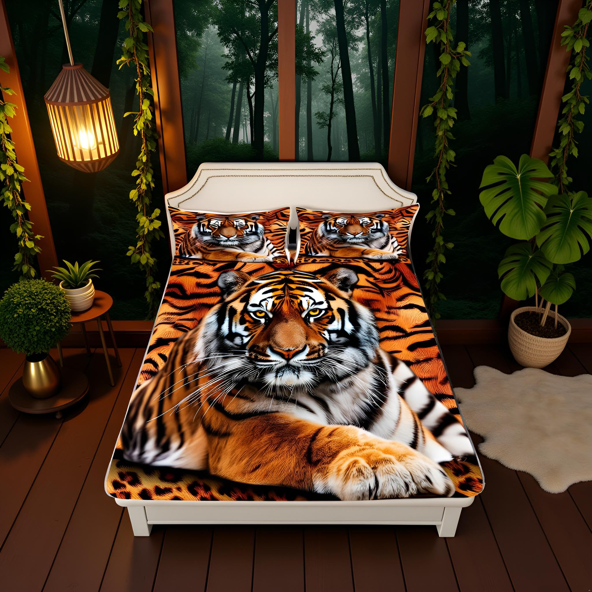 Manfei Tiger 3D Print Fitted Sheet Queen Size Wild Animals Bedding Set 3pcs for Kids Teens Room Decor,Animal Fur Bed Cover Soft Breathable Bed Sheet Set with 2 Pillowcases