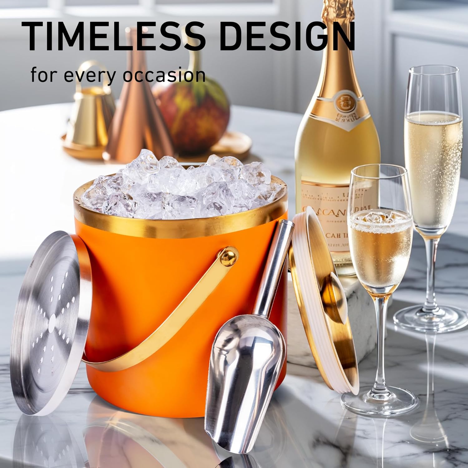 3L Double Wall Insulated Stainless Steel Ice Bucket with Strainer for Cocktail Bar,Metal Ice Bucket for freezer with Lid for parties.ice Container to Keep Ice Colder,bar cart accessories(Orange) - Image 2