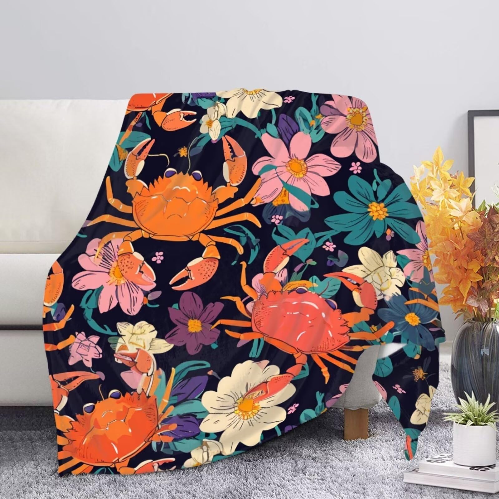 Allcute Fuzzy Blue Graphic Print Couch Blanket for Bed Living Room Cozy Soft Sofa Throws Tropical Floral Crab Throw Blanket for Fall Winter