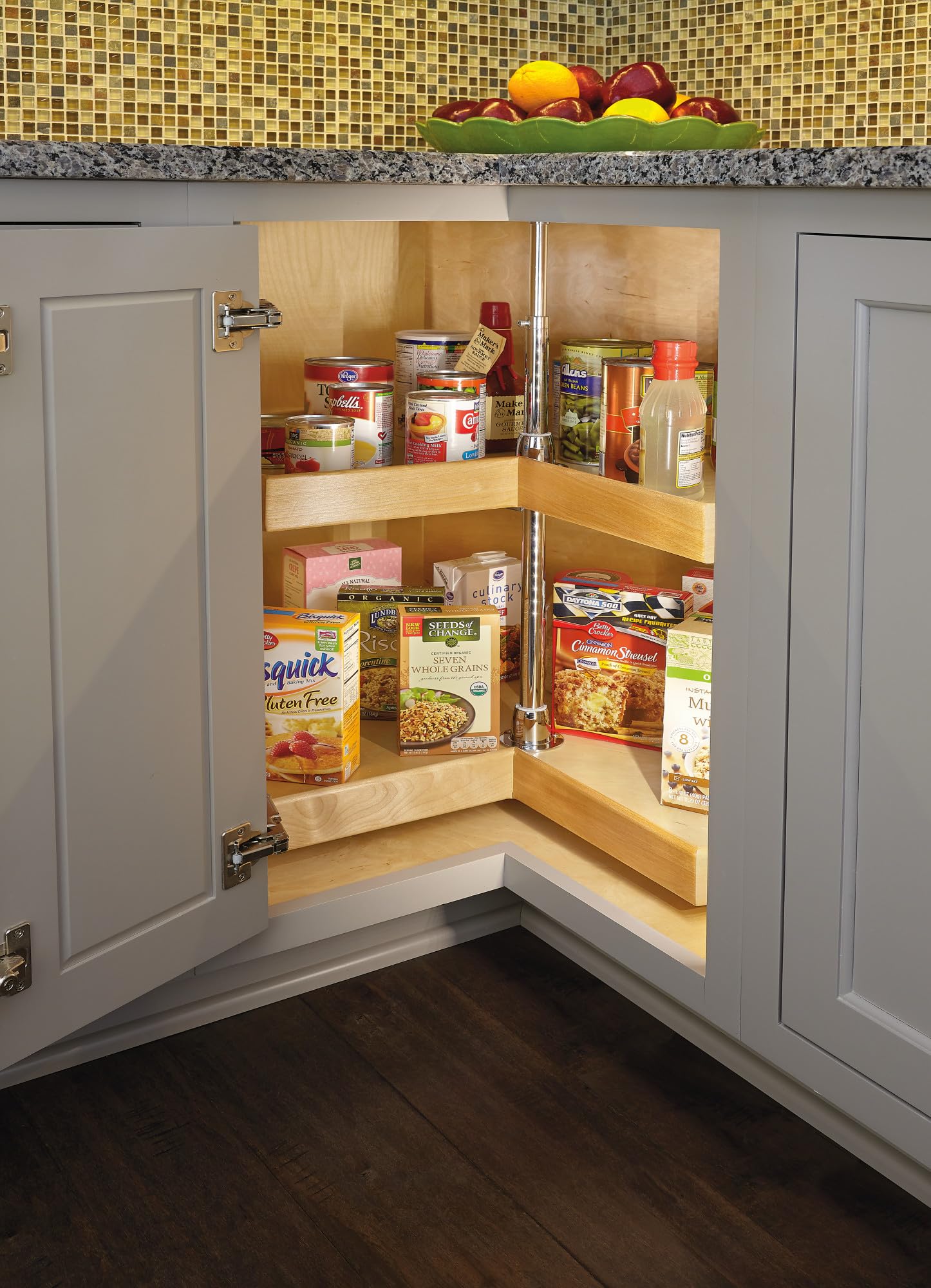 Lazy Daisy Natural Wood Kidney-Shaped-Shaped 2-Shelf Lazy Susans for Corner Base Cabinets