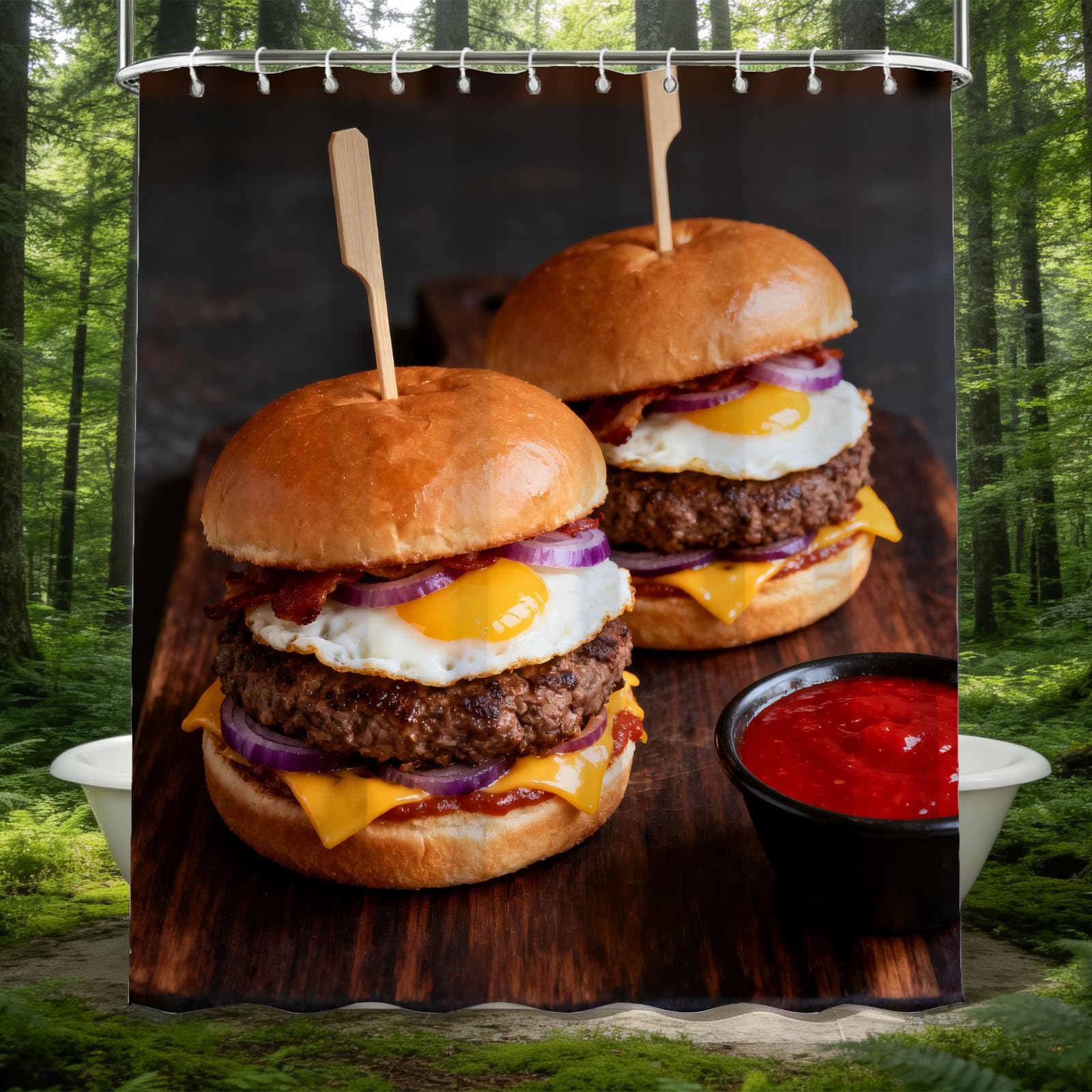 Hongduo 3D Hamburger Shower Curtain for Stalls Bathtubs Food Theme Bathroom Decor Shower Curtain Set Polyester Fabric Waterproof 180x200cm/71X79 Inch with Hooks