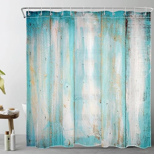 EOBTAIN Cortina de ducha para puerta de granero verde azulado para baño, cortina de ducha abstracta vintage verde azulado y gris degradado con 12