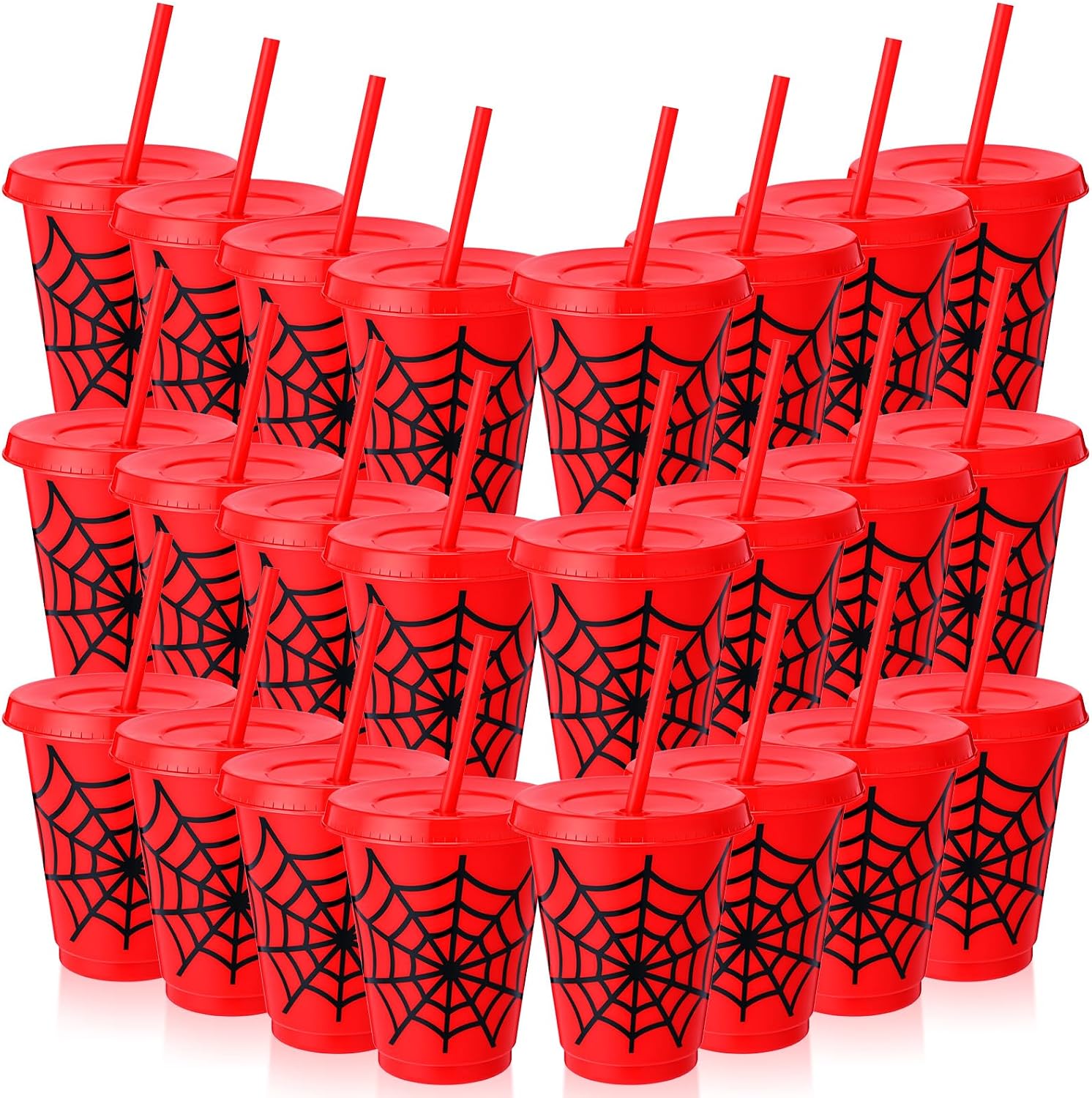 Jingmore 24 Pcs 16 oz Spider Web Cups Bulk with Lids and Straw Spider Birthday Party Favor Supplies Red Black Web Tumbler for Birthday Halloween Party Decor Favors Celebration Gifts