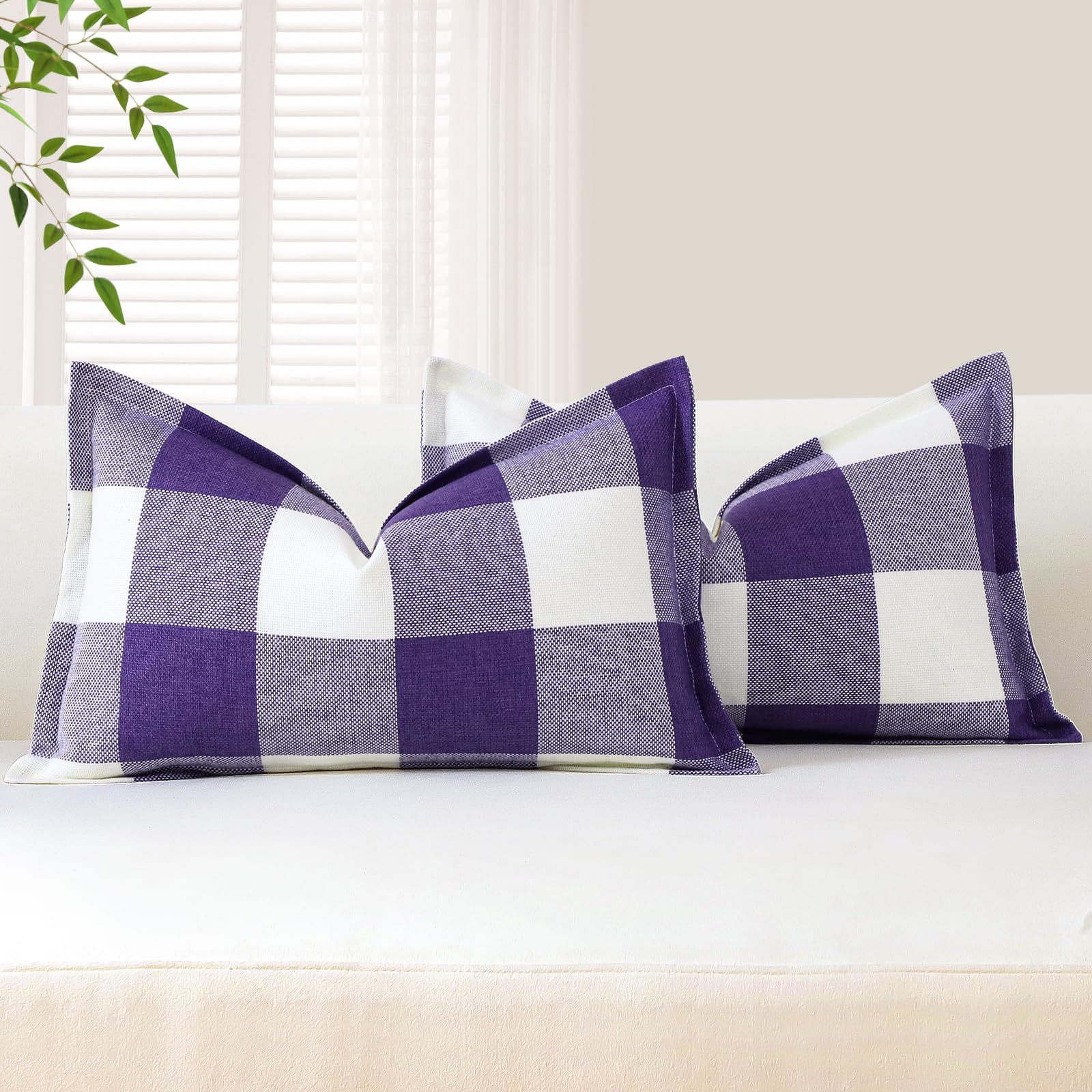 Housse de coussin lombaire haut de gamme en lin violet aux bords cousus