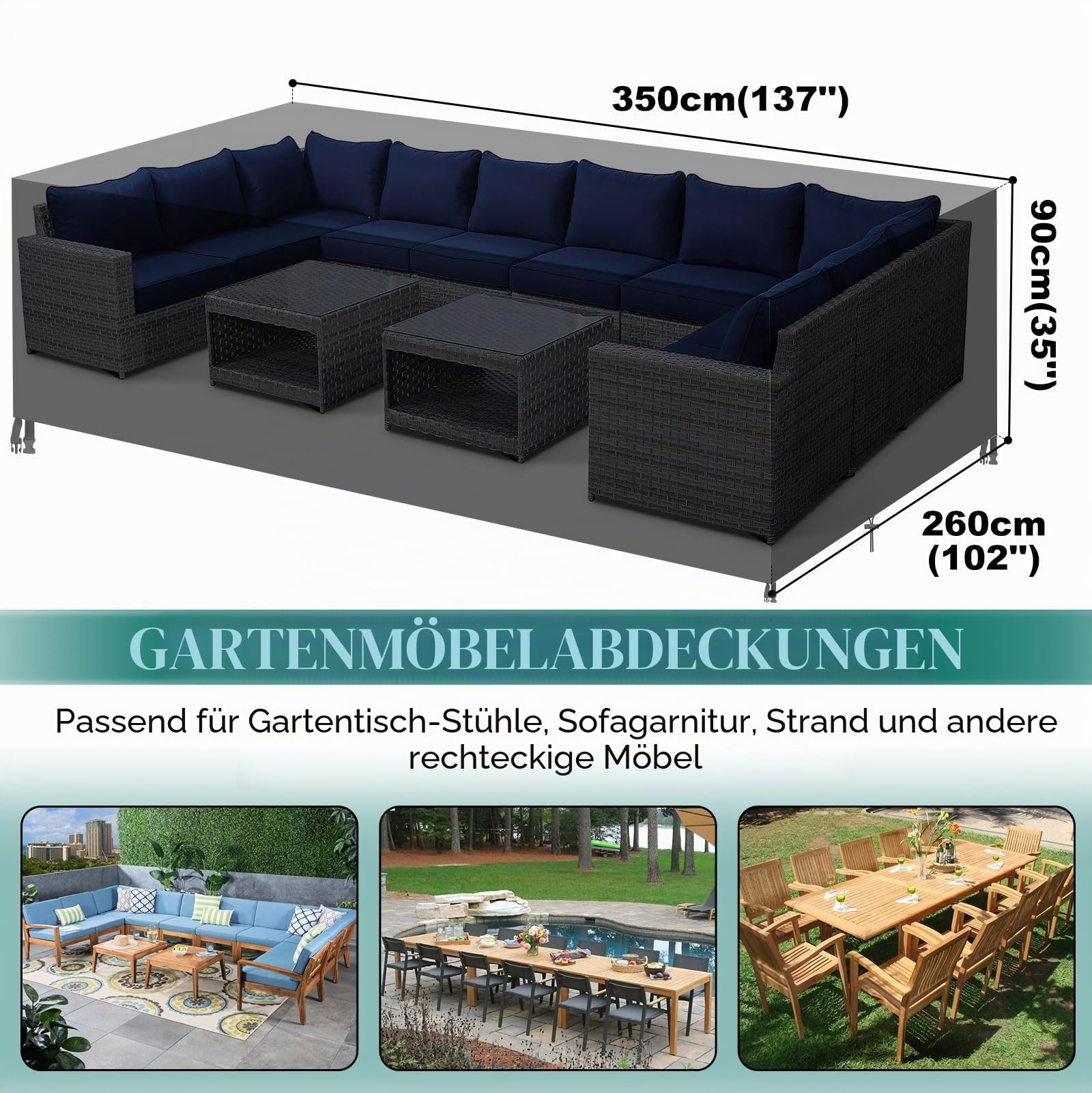 GARPROVM Abdeckung für Gartenmöbel Wasserdicht, Abdeckplane Gartenmöbel Oxford Gewebe Abdeckplane für Sitzgruppe Outdoor Sofa Tisch Möbelsets (350 x 260 x 90 cm)
