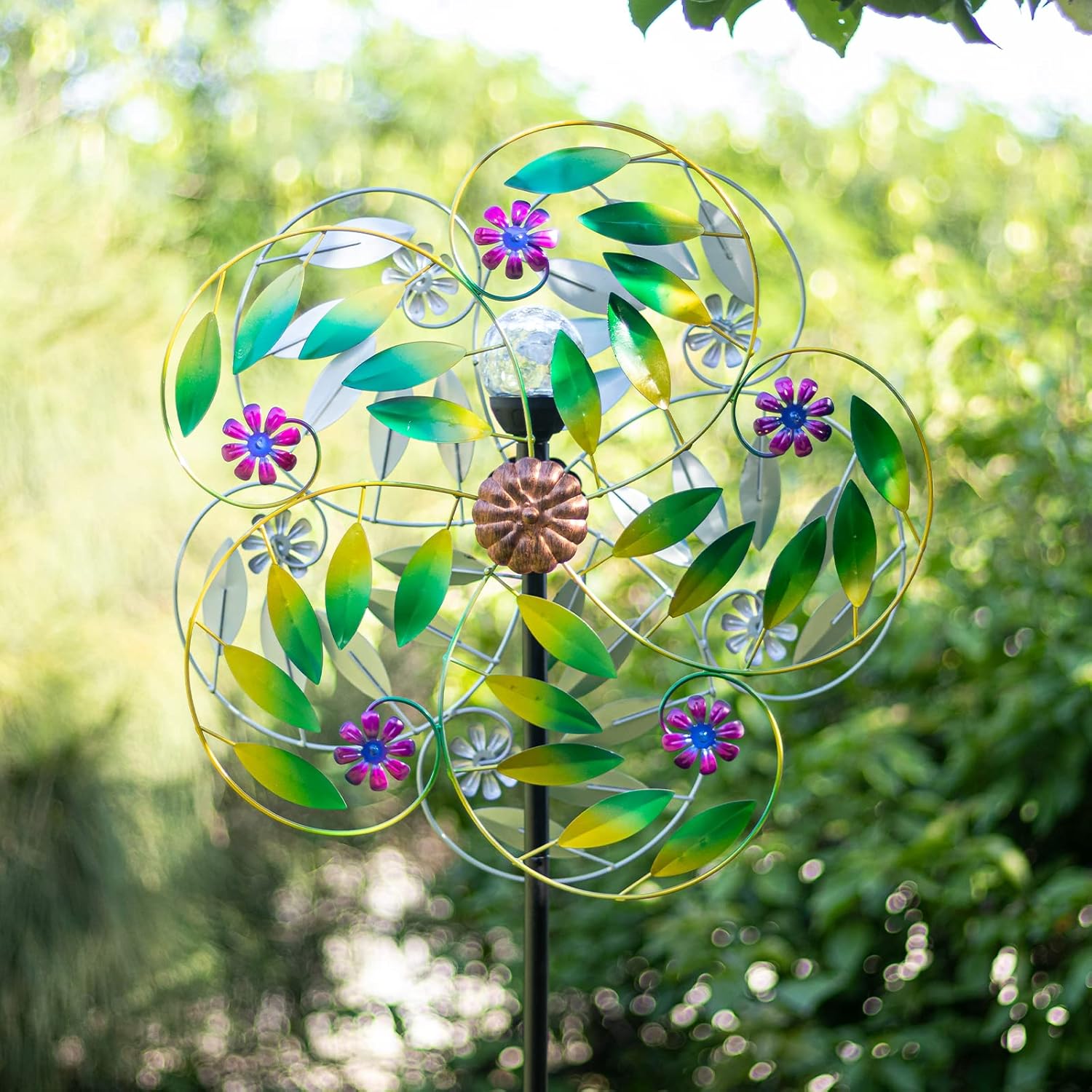 Solar Wind Spinner Metal Garden Decor, Wind Spinners Outdoor Clearance, Multi Color Changing LED Solar Powered Glass Ball Kinetic Wind Sculptures Windmills for Yard Patio Outdoor Decoration